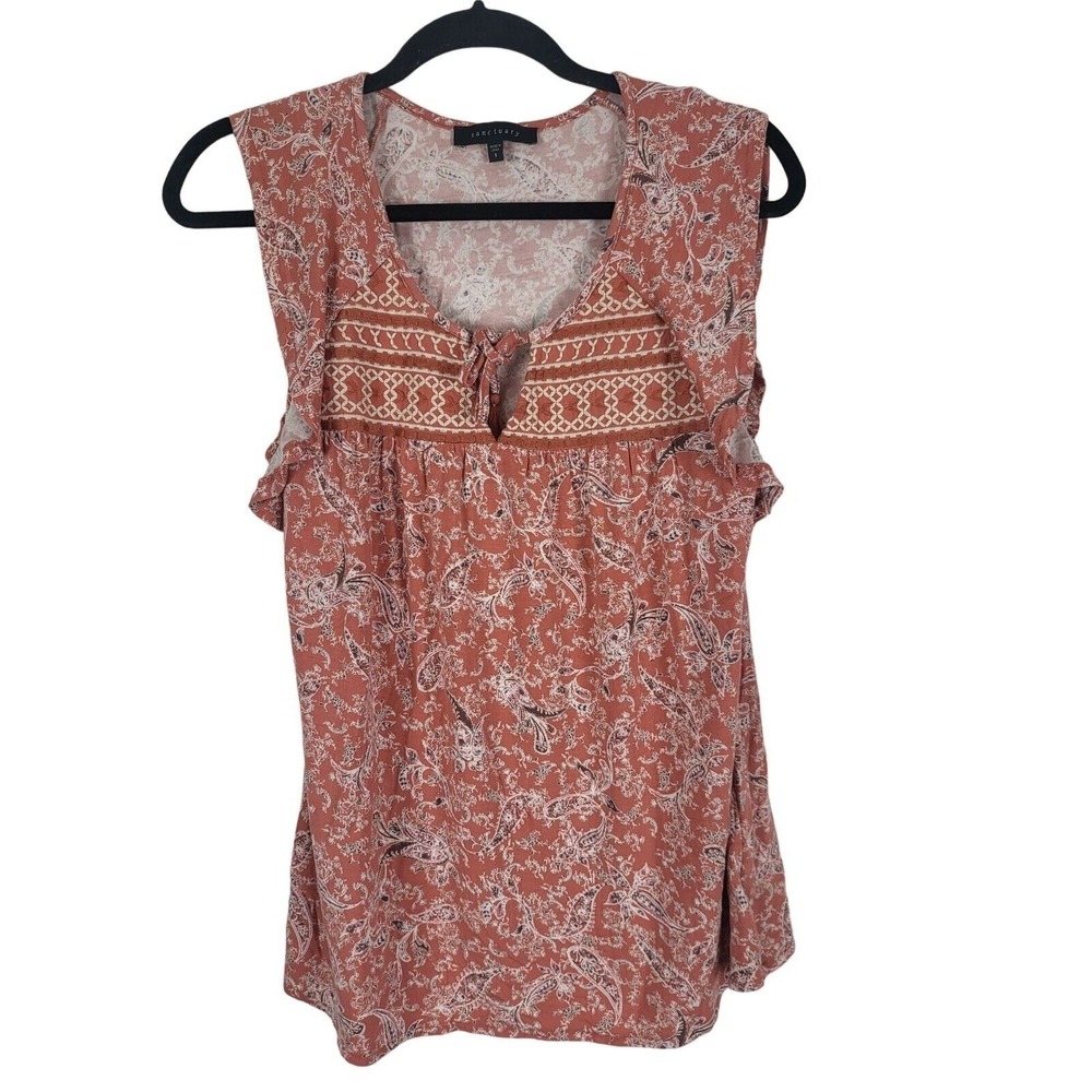 Sanctuary Blouse S Womens Cap Flutter‎ Sleeve Keyhole Pullover Embroidered Top